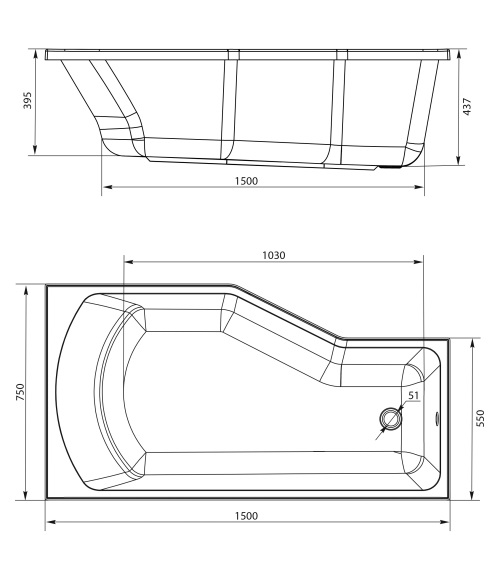 Акриловая асимметричная ванна Marka One Convey 150*75*43,7 L левая